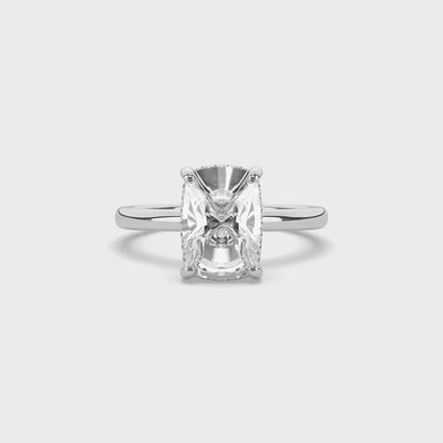 product video of ALVA Elongeted Cusion & Hidden Halo Engagement Ring in white gold in a white background.
